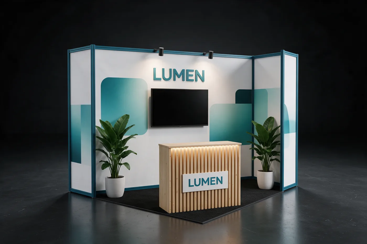 Stand modular en alquiler con counter iluminado y TV