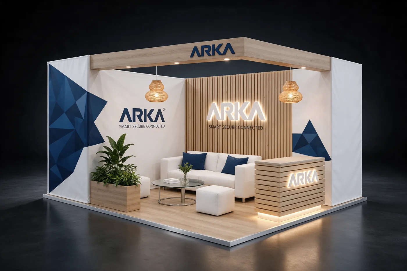 Render del stand Lounge (stand con sala lounge) con una marca de ejemplo