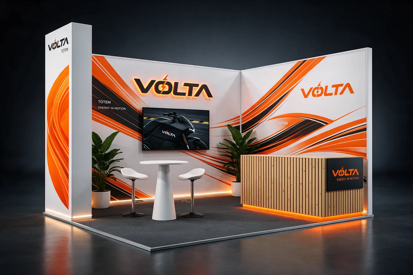 Render del stand Tótem (stand con tótem y logo iluminado) con una marca de ejemplo
