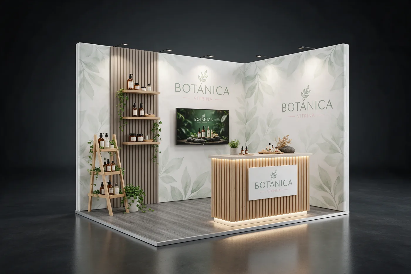 Render del stand Vitrina (stand con exhibidor y repisas) con una marca de ejemplo