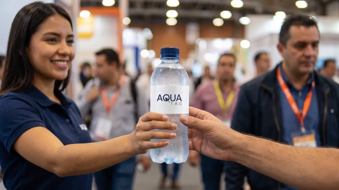 Botella de agua AquaTag entregada a un visitante en una feria