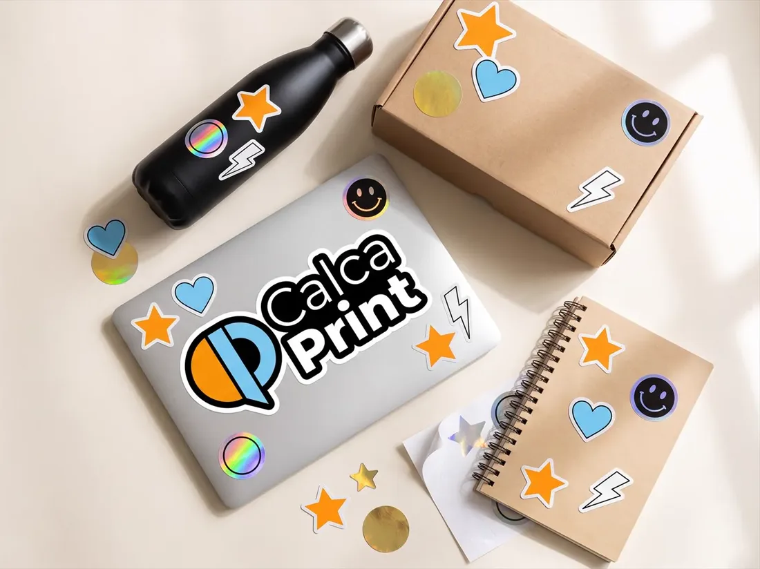 Stickers de Calcaprint en un portátil, un termo, una caja y una libreta