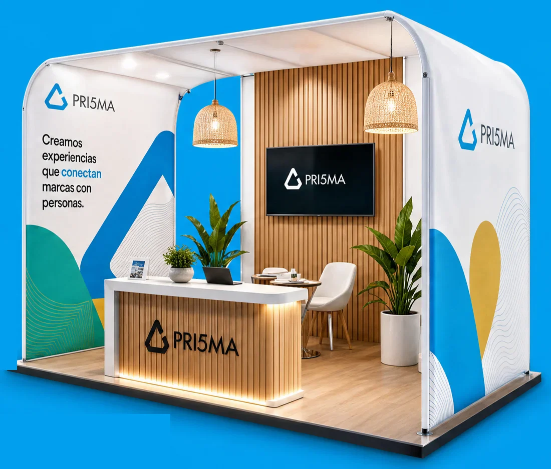 Stand de ejemplo con la marca PRI5MA: counter de listones iluminado, TV, lámparas y plantas