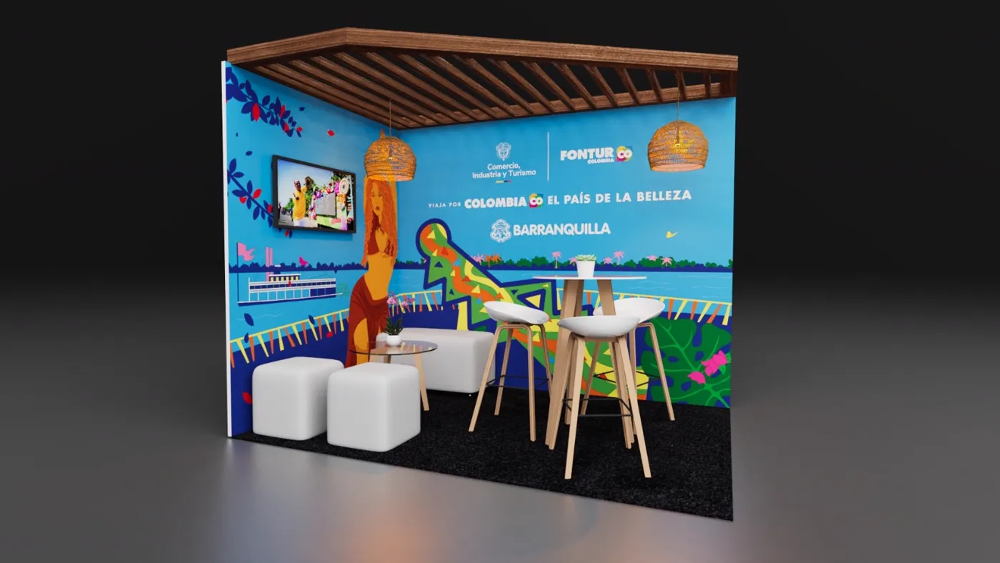 Render del stand de Barranquilla 2025 con techo de listones, vista de frente