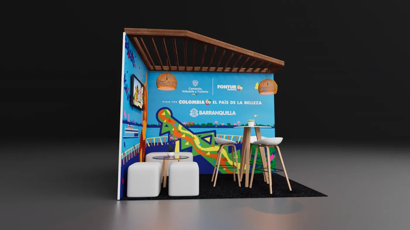 Render del stand de Barranquilla 2025 con la sala y la mesa alta