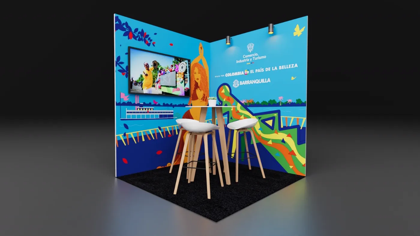 Render del stand ilustrado de Barranquilla en esquina